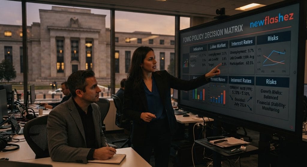 Federal Reserve Interest Rates: FOMC Convenes Amid Persistent Sticky Inflation 1 A photojournalism shot displaying a large interactive screen showing a detailed FOMC Policy Decision Matrix, pointed to by a financial analyst while her colleague takes notes. The matrix shows precise data on inflation, the labor market, interest rates (set at 5.25%-5.50%), and risks, visually linking them to the exterior Federal Reserve building in the background.