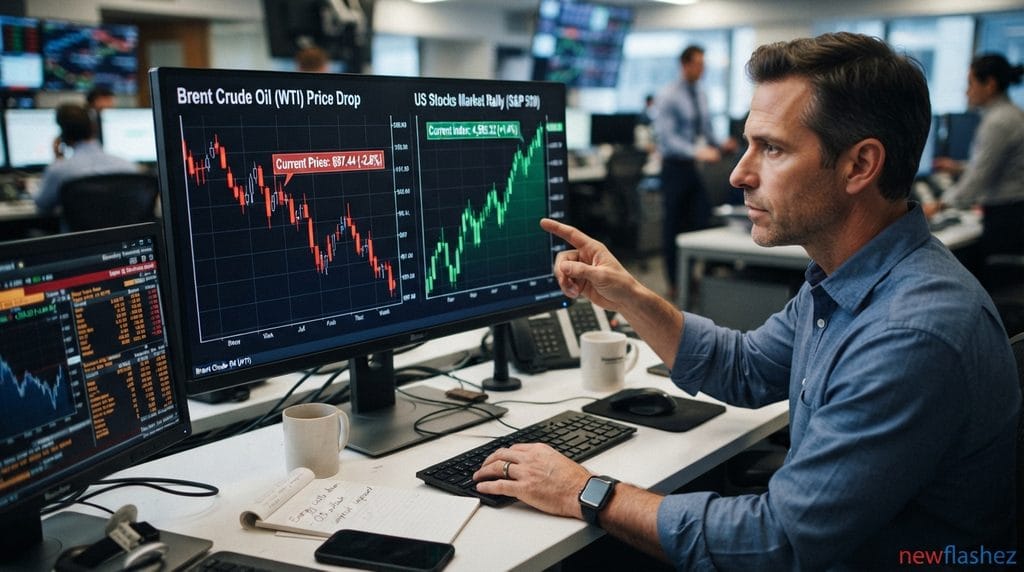 US Stocks Surge and Wall Street Rallies as Brent Crude Prices Drop Sharply 1 US Stocks performance charts and Brent crude oil decline data on workstation screen