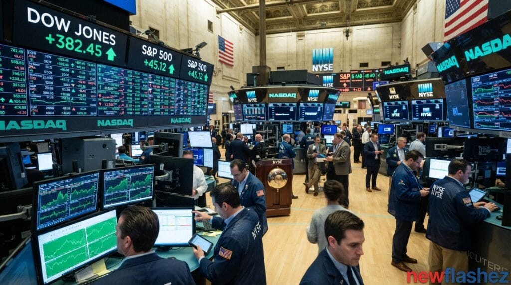 US Stocks Surge and Wall Street Rallies as Brent Crude Prices Drop Sharply US Stocks trading floor rally with rising market indices and green ticker boards