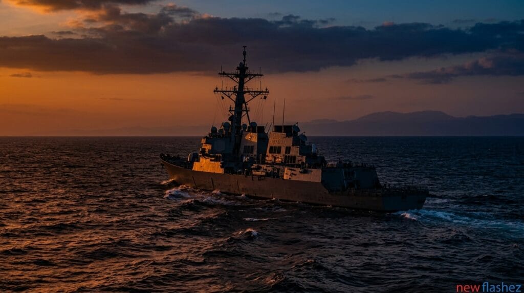 A U.S. Navy warship patrolling the Strait of Hormuz amid rising US Iran tensions in the Persian Gulf.