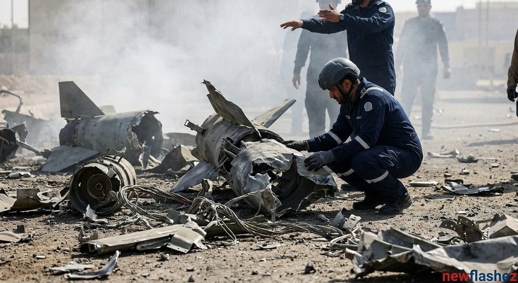 Metal wreckage and fragmented missile components are inspected by Saudi Civil Defense personnel on the ground after Houthi attacks on Saudi Arabia targeted critical infrastructure.