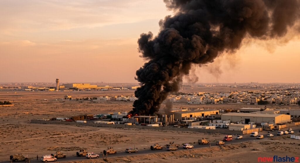 A plume of thick black smoke billows from the outskirts of Riyadh, following recent Houthi attacks on Saudi Arabia near King Khalid International Airport.