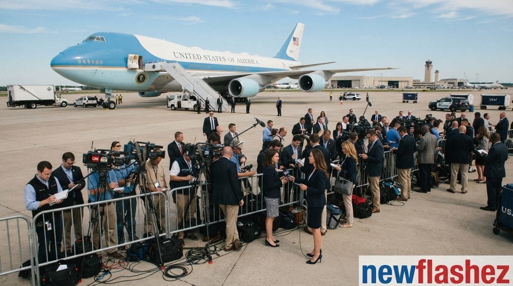 A candid shot of the press corps on the tarmac, with Air Force One in the background, capturing the scene of the ongoing CNN press ban.