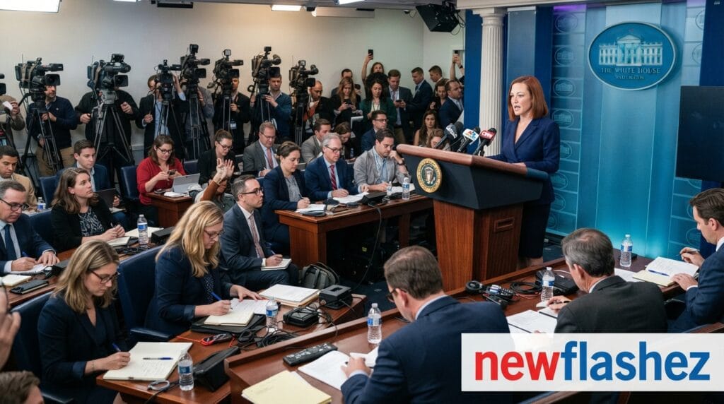 A packed White House press briefing room where the Press Secretary addresses journalists, focusing on the recent CNN press ban and questions about media access.