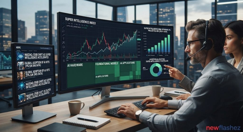 Financial analysts reviewing market analytics and the Super Intelligence Index on multi-monitor screens.