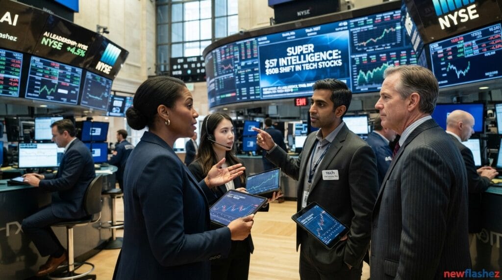 Four professionals discuss market trends on the NYSE trading floor, with a prominent background screen displaying "SUPER INTELLIGENCE: $57 BILLION SHIFT IN TECH STOCKS".