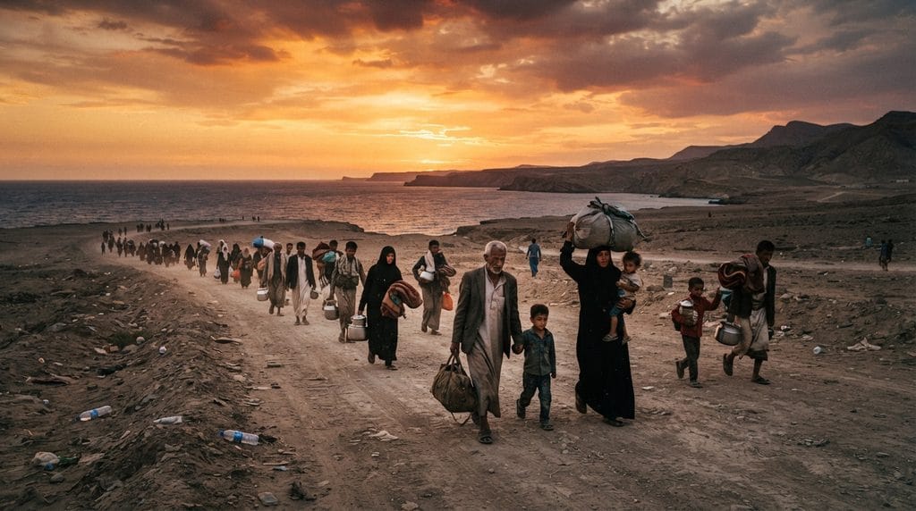Displaced Yemeni civilians walking along a coastal desert road during sunset following the escalation of Houthi attacks