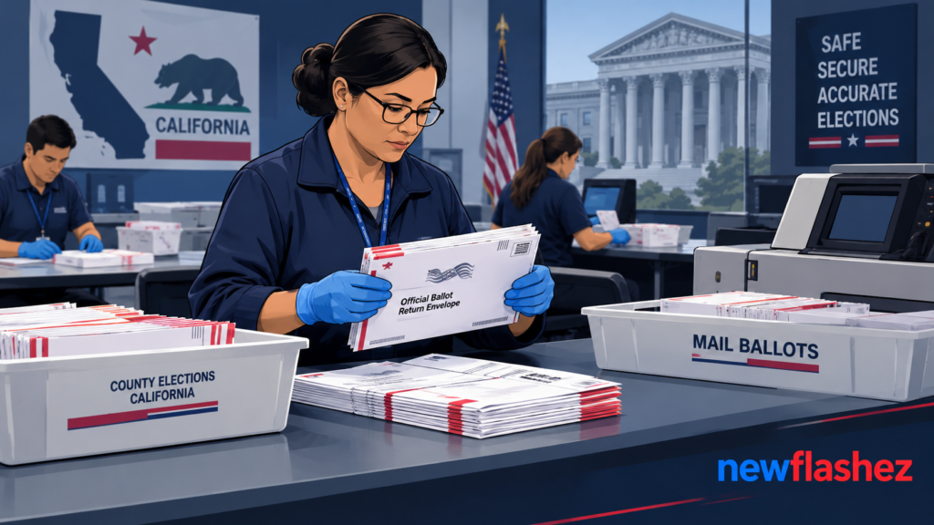 Election workers process sealed mail-in ballots at a California election facility amid a federal dispute over voter eligibility.