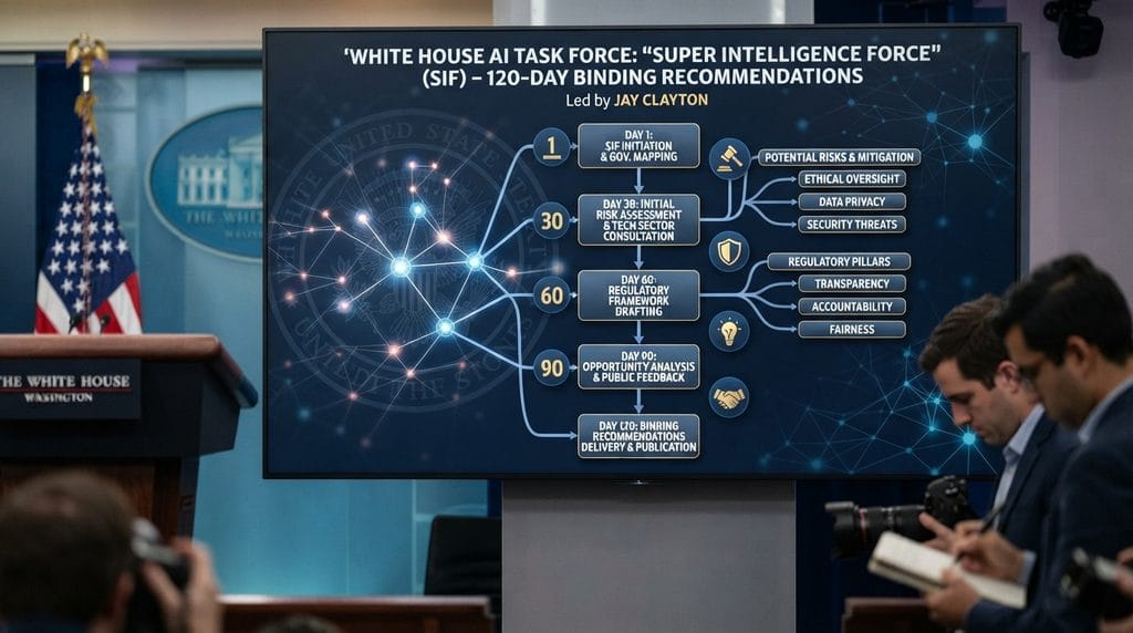 Federal Artificial Intelligence Task Force Led by Clayton 1 Digital compliance flowchart and neural network nodes representing the federal artificial intelligence task force regulations.
