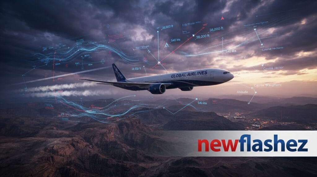 Hyper-realistic digital news graphic of the Trump Iran FlyDubai plane attack featuring the newflashez watermark.