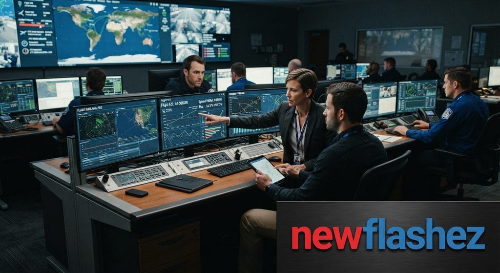 IInvestigation command center monitoring the Trump Iran FlyDubai plane attack developments with newflashez watermark.