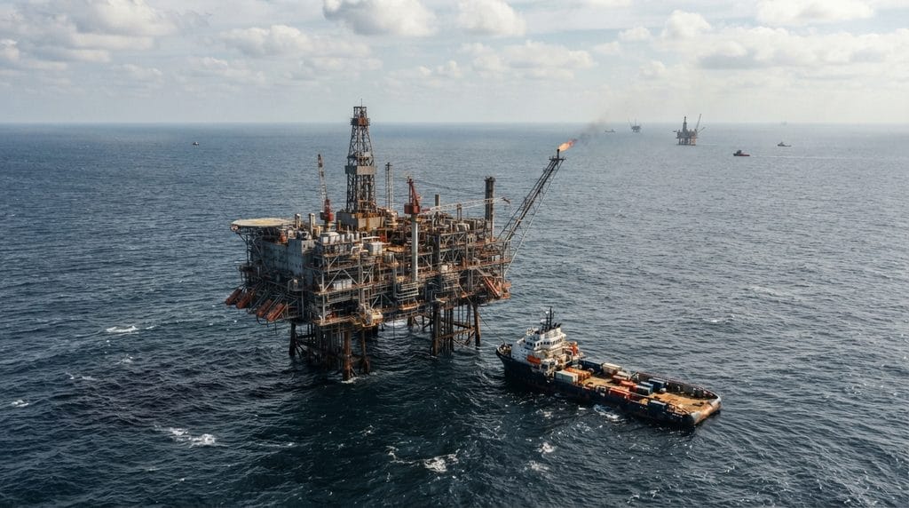 Oil Prices Slip as U.S.-Iran Talks Ease Supply Concerns 1 Oil prices and offshore oil production platform in the Gulf of Mexico with a supply vessel.