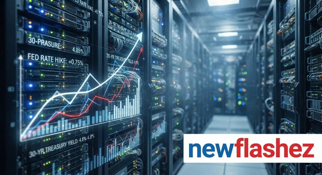 Description: A close-up editorial photo of server hardware racks inside a massive hyper-scale data center with digital financial overlay graphics showing rising interest rate curves. A prominent text logo bearing the brand "newflashez" is stamped in red and blue in the lower-right corner.