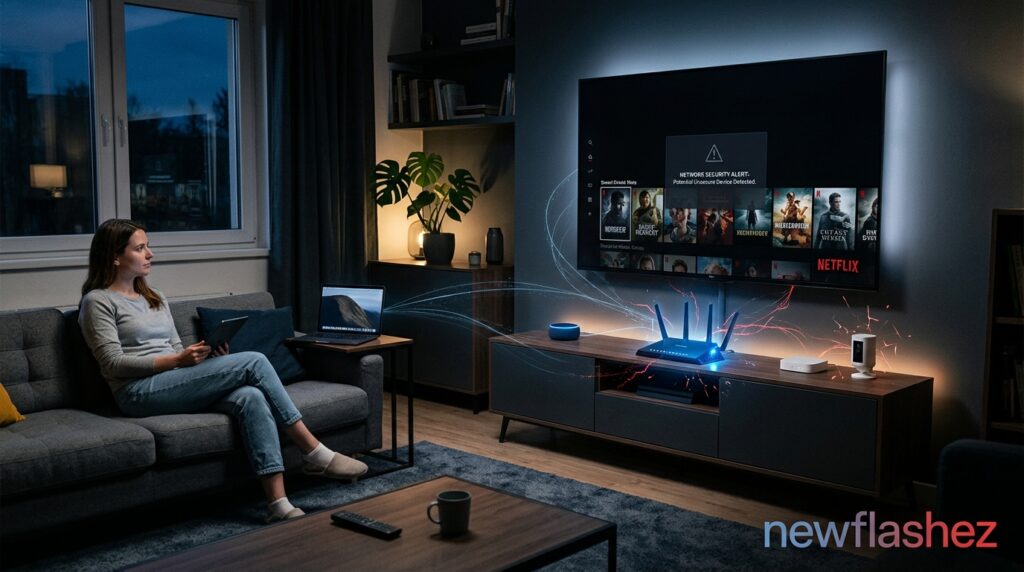 Anthropic Warns Self-Replicating AI Worms Could Threaten Connected Devices Cybersecurity command center displaying a network alert about Self-Replicating AI Worms targeting connected devices, branded by newflashez.