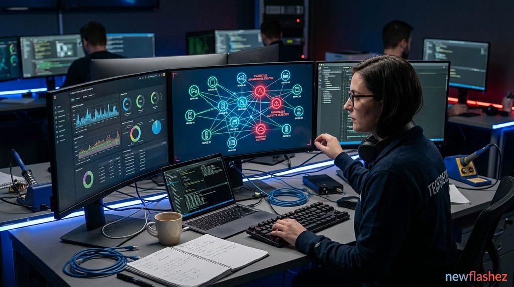 Anthropic Warns Self-Replicating AI Worms Could Threaten Connected Devices 1 Cybersecurity researcher examining connected devices and network activity during Self-Replicating AI Worms risk analysis, branded by newflashez.