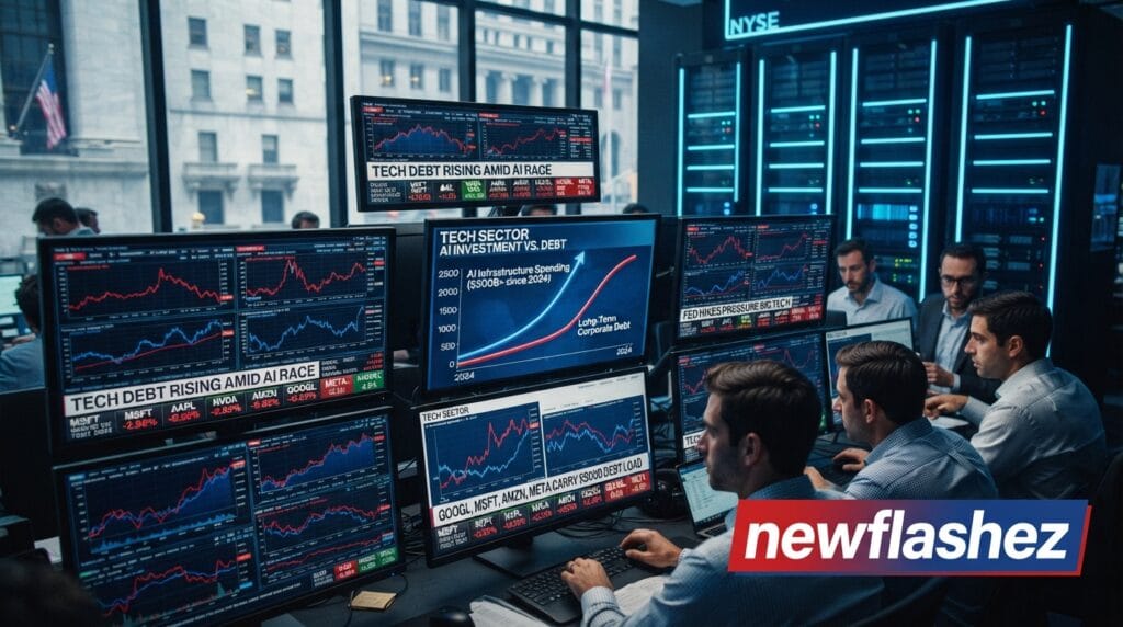 Wall Street financial charts and server racks representing Big Tech AI debt financing and data center expansion
