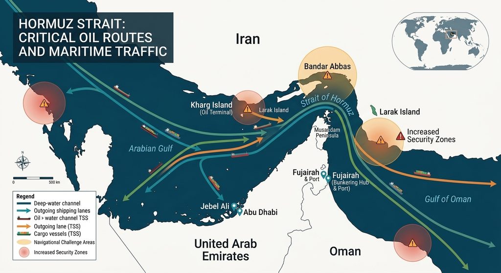 Detailed map of the Strait of Hormuz showing critical shipping lanes and oil routes impacted by Iran-U.S. tensions.